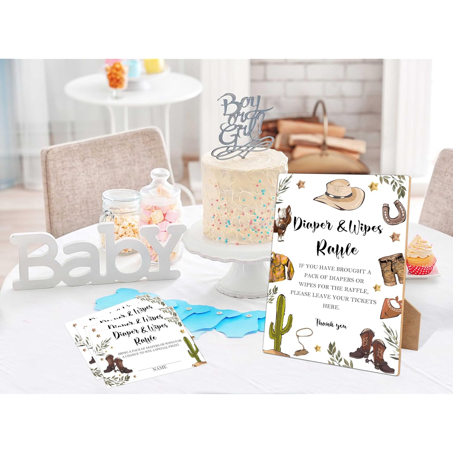 Diapers Wipes Raffle, Cowboy Diaper Raffle Tickets For Baby Shower, 1 Wooden Sign With 50 Diaper Raffle Cards, Game Activity For Baby Shower, Gender Reveal Party Favors Decorations