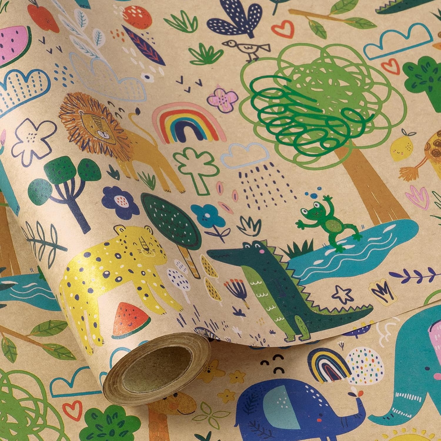 Baby Shower Wrapping Paper Roll - 17 Inches X 16.4 Feet - Colorful Cartoon Animal Design On Kraft Paper - For Boy Or Neutral Gift Wrapping, Kids' Birthday Party And Baby Shower
