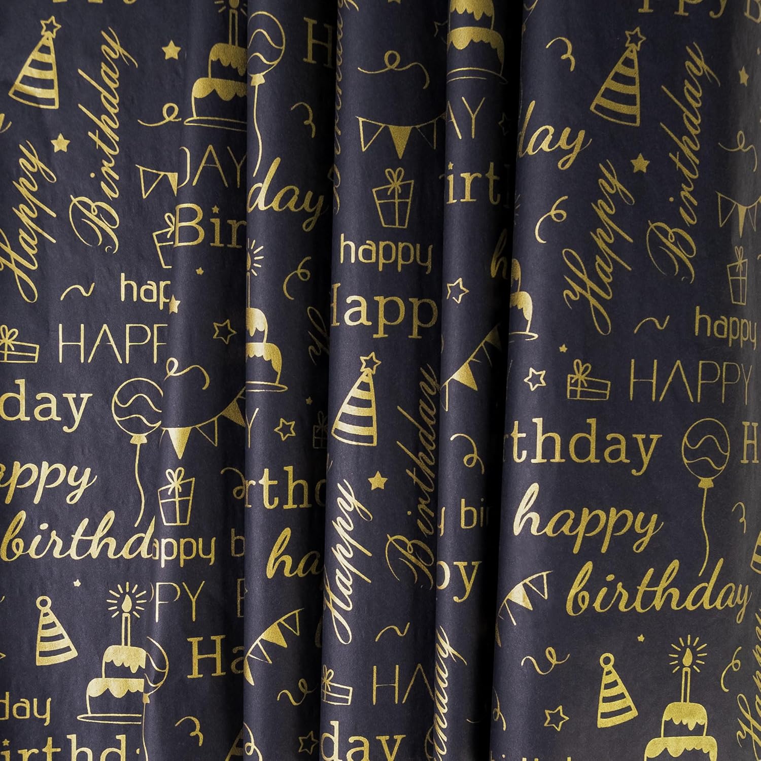 Large Black Gold Birthday Tissue Paper, 20" X 28", Black With Gold Happy Birthday Design For Gift Bags, 30 Sheets