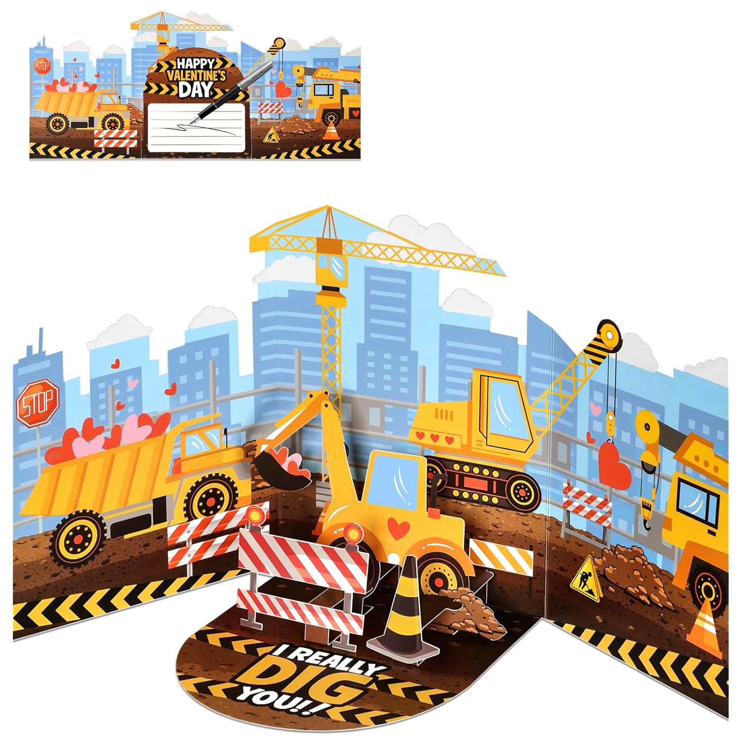 I Really Dig You Card - Pop Up Valentines Cards With Envelope, 3D Construction Vehicle Design, Cute Valentines Gift For Boys, Kids
