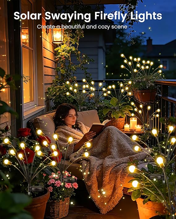 6 Pack Solar Garden Lights 48 LED Warm White Firefly Fairy Outdoor Swaying Lights Waterproof for Patio Pathway Decor
