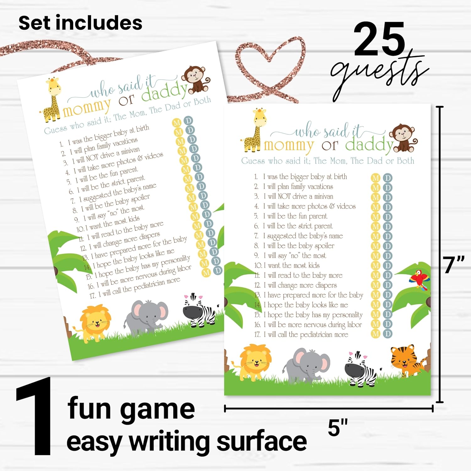 Cute Jungle Baby Shower Games - 25 Guess Who Mommy Or Daddy Game Cards - Fun Gender Reveal Guessing Activities For Guests - Safari Theme For Boy Or Girl