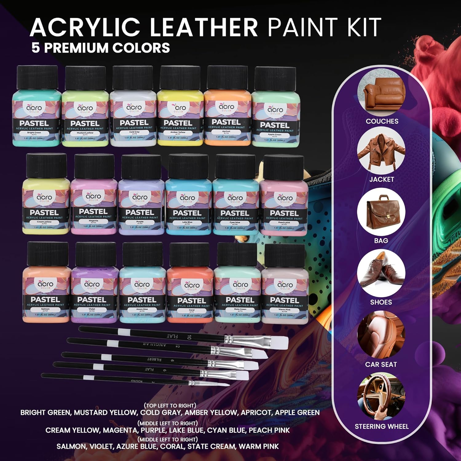 Acrylic Leather Paint For Shoes - 18 Color Leather Paint Kit With 5 Paint Brushes (Deglazer & Finisher Not Included) - Great Repair Finisher For Shoes,Sneakers, Wallets, Jackets (Pastel - 18 Colors)