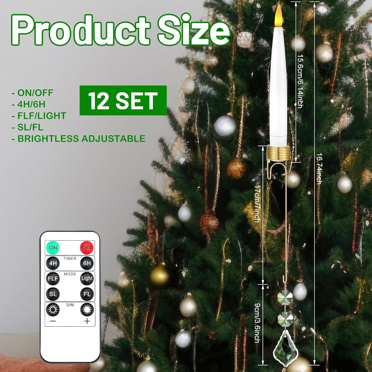 12 Sets Flameless Christmas Tree Candles With Hook Remote Timer Flameless Taper Led Candle For Christmas Tree Ornament Battery Operated Light Candlestick Xmas Wedding(No Battery) (Crystal)