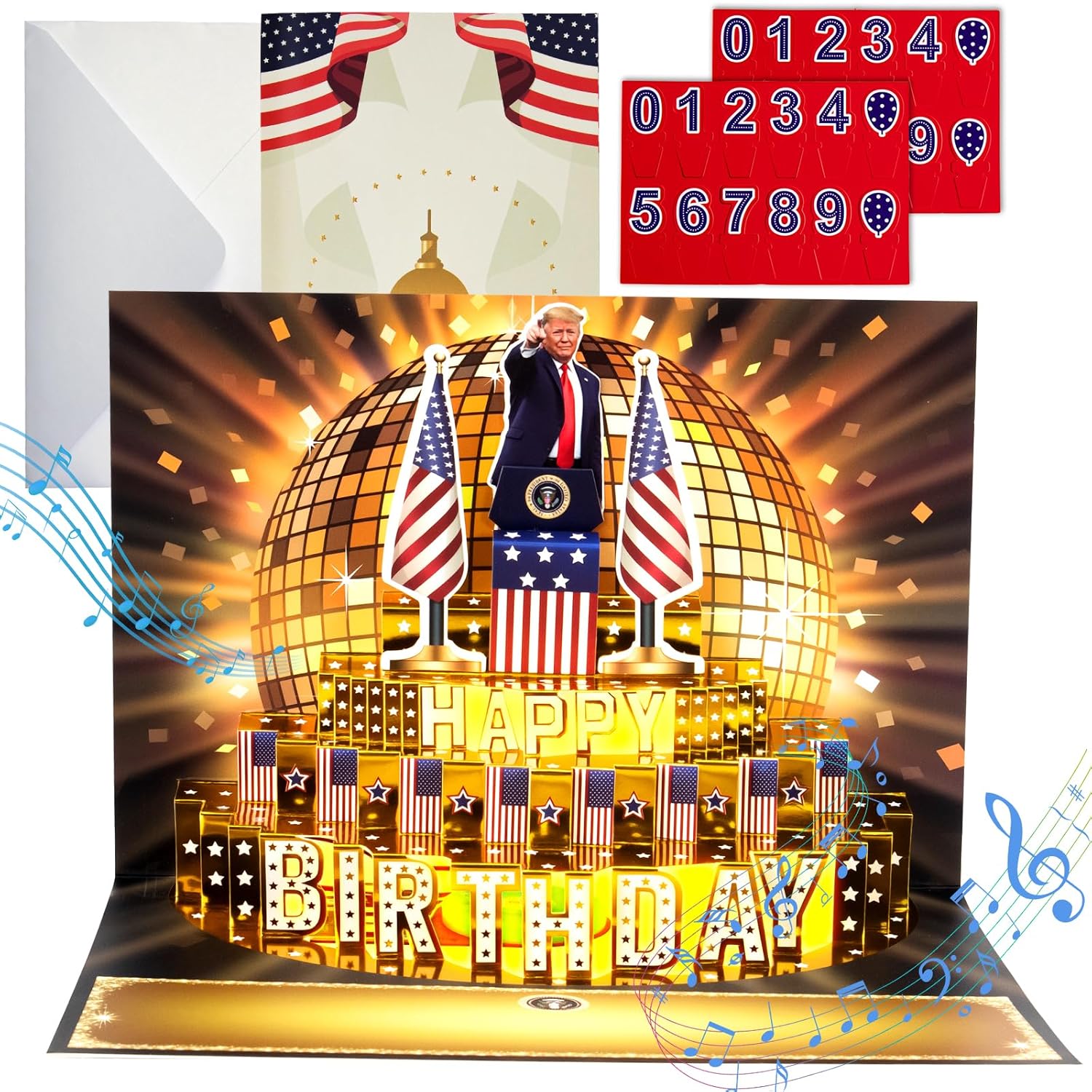 Birthday Card, Talking Donald President Greeting Cards With Real Voice Message & Light For Men And Women, Parents, Couples (Birthday -Golden Cake)