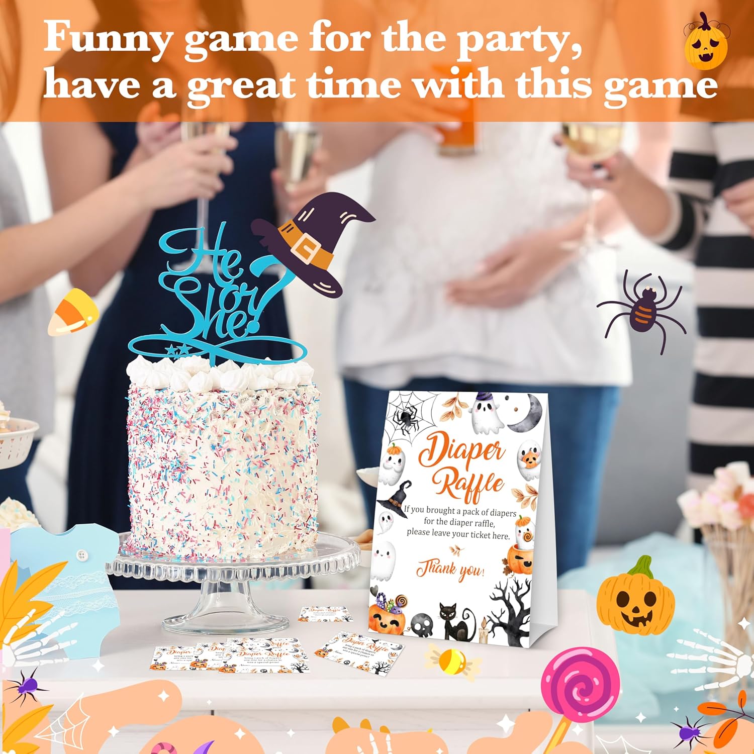 Halloween Baby Shower Games, 50 Diaper Raffle Tickets + 1 Self-Standing Sign For Little Ghost Gender Reveal Baby Announcement Party Favor Supplies - D10