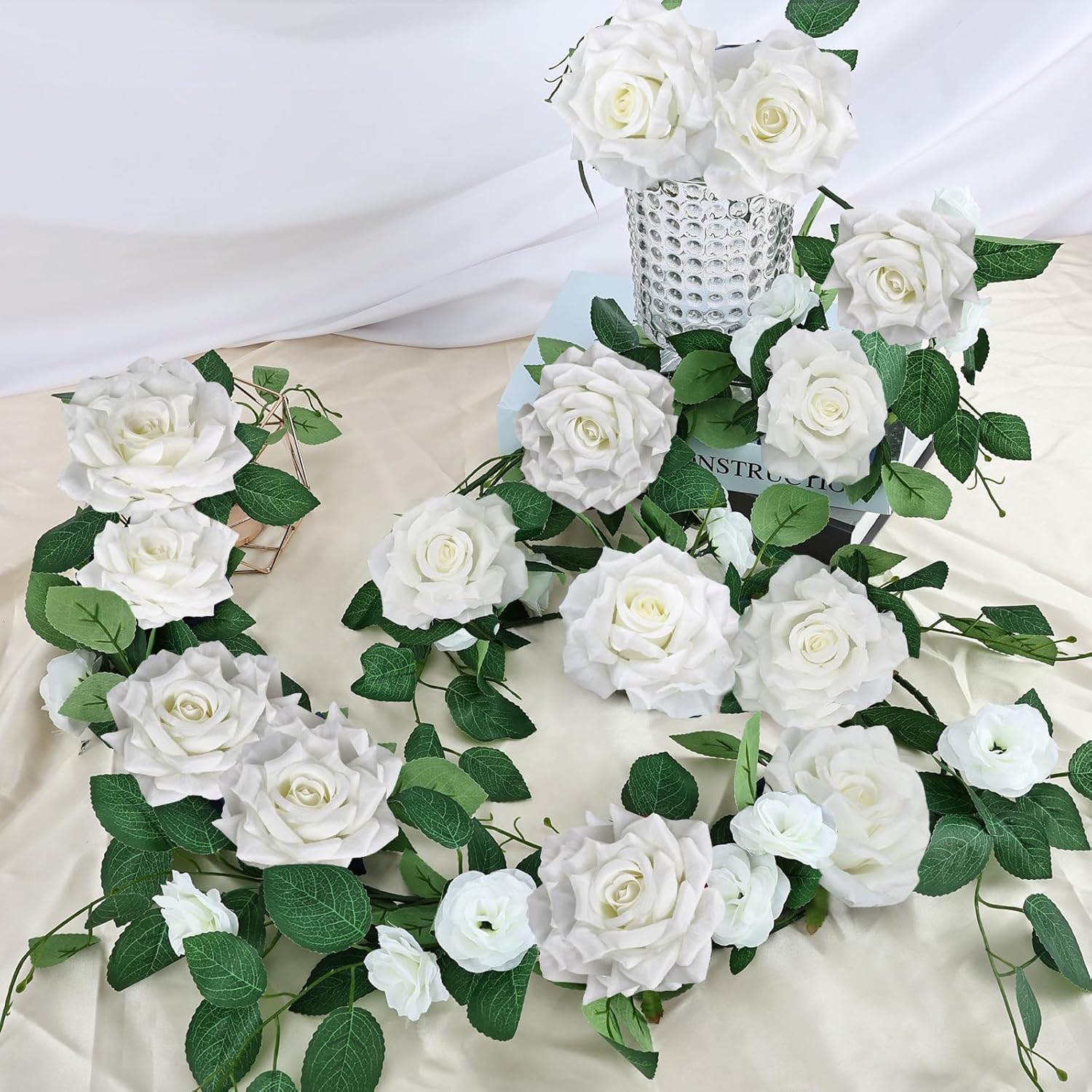 Pack Of 2 Artificial Rose Garlands, 5.9 Ft Flower Floral Vine For Wedding Arch Aisle Mantle Table Runner Centerpieces Backdrop Patio Decorations - White