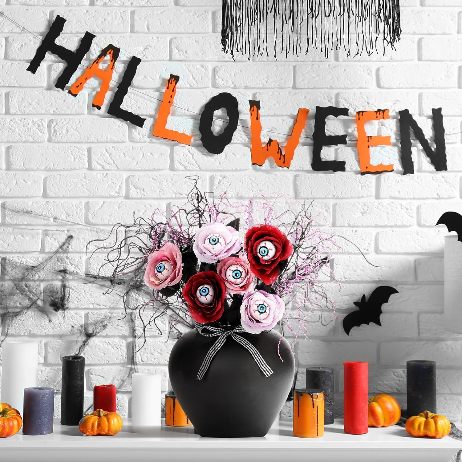 28 Pcs Halloween Flowers Decorations 12 Halloween Eyeball Flowers Artificial Rose Floral With Eyeballs 16 Artificial Glitter Branches Floral Picks Decorative Twigs For Home Indoor Table Vase