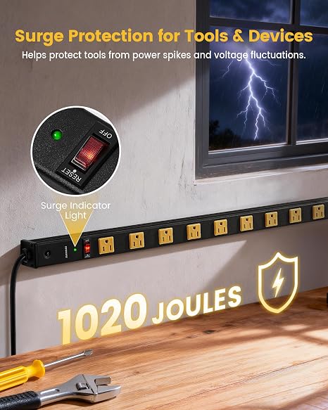 12 Outlet Industrial Long Power Strip Surge Protector 15Ft Cord Flat Plug