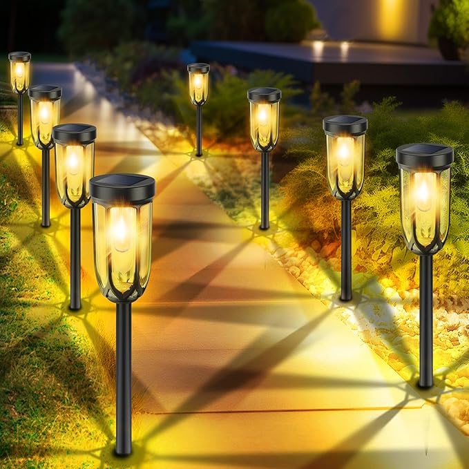 8 Pack Solar Pathway Lights IP65 Waterproof Warm White Auto On Off Garden Lights