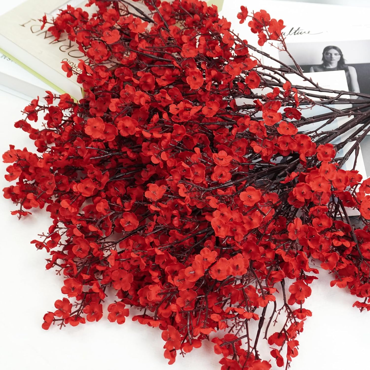 6 Pcs Babys Breath Artificial Flowers Bulk Silk Red Faux Flowers Real Touch Gypsophila Bouquet For Christmas Halloween Home Wedding Decoration