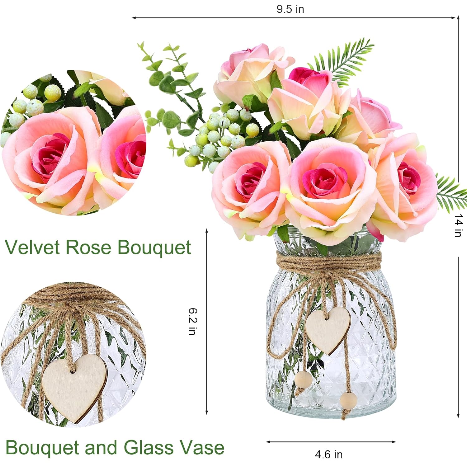 Fake Flowers With Vase, Artificial Velvet Roses Faux Plant Flower Arrangement Suitable For Home Office Living Room Bathroom Decoration, Dining Table Centerpiece (Pink)