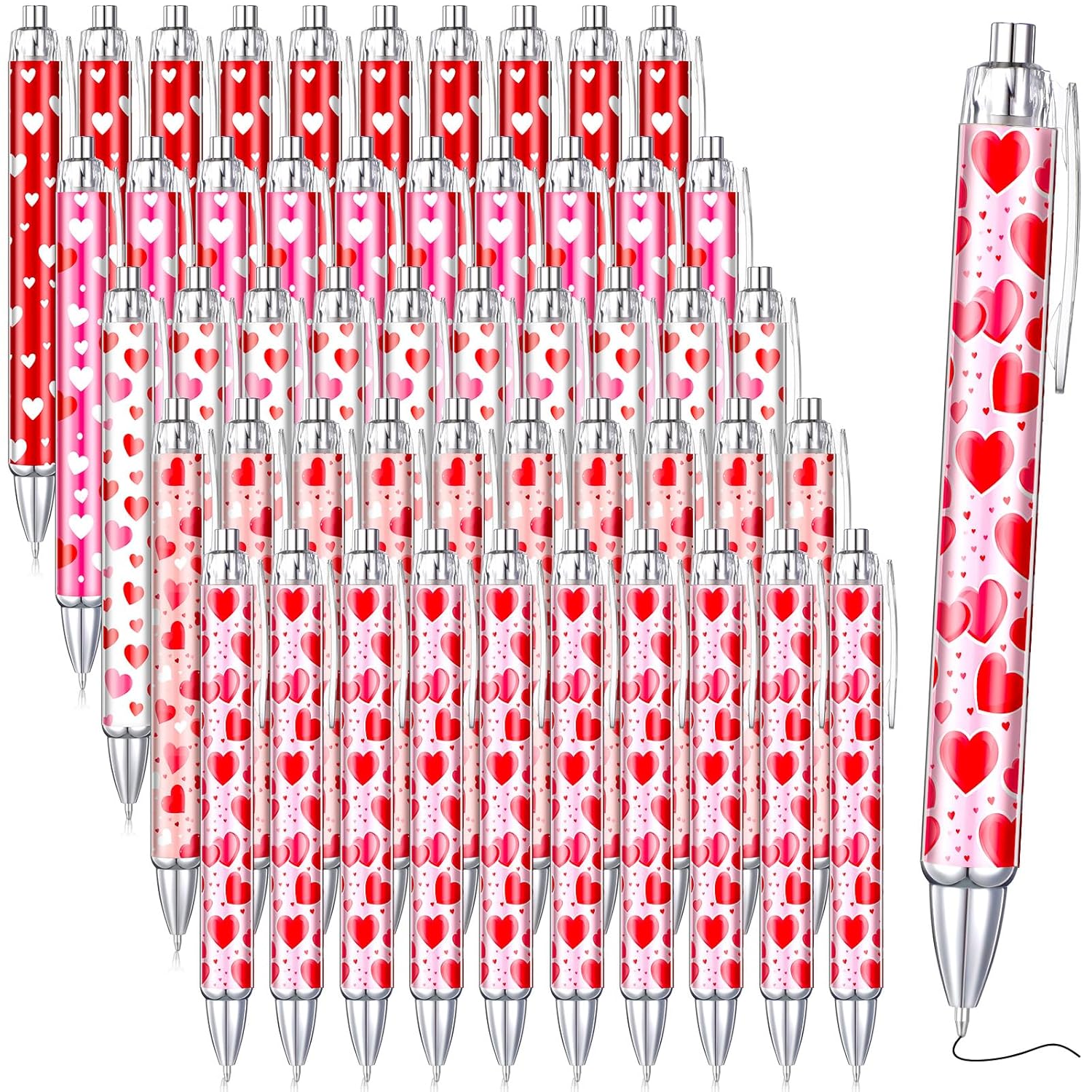 50 Pcs Valentine'S Day Pens Bulk Retractable Ballpoint Pens Black Ink Cute Heart Love Shaped Appreciation Gift Bag Office Supply Stationery For Coworkers Wedding Party Supplies School Classroom