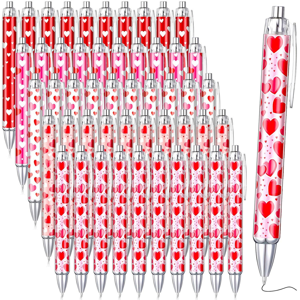 50 Pcs Valentine'S Day Pens Bulk Retractable Ballpoint Pens Black Ink Cute Heart Love Shaped Appreciation Gift Bag Office Supply Stationery For Coworkers Wedding Party Supplies School Classroom