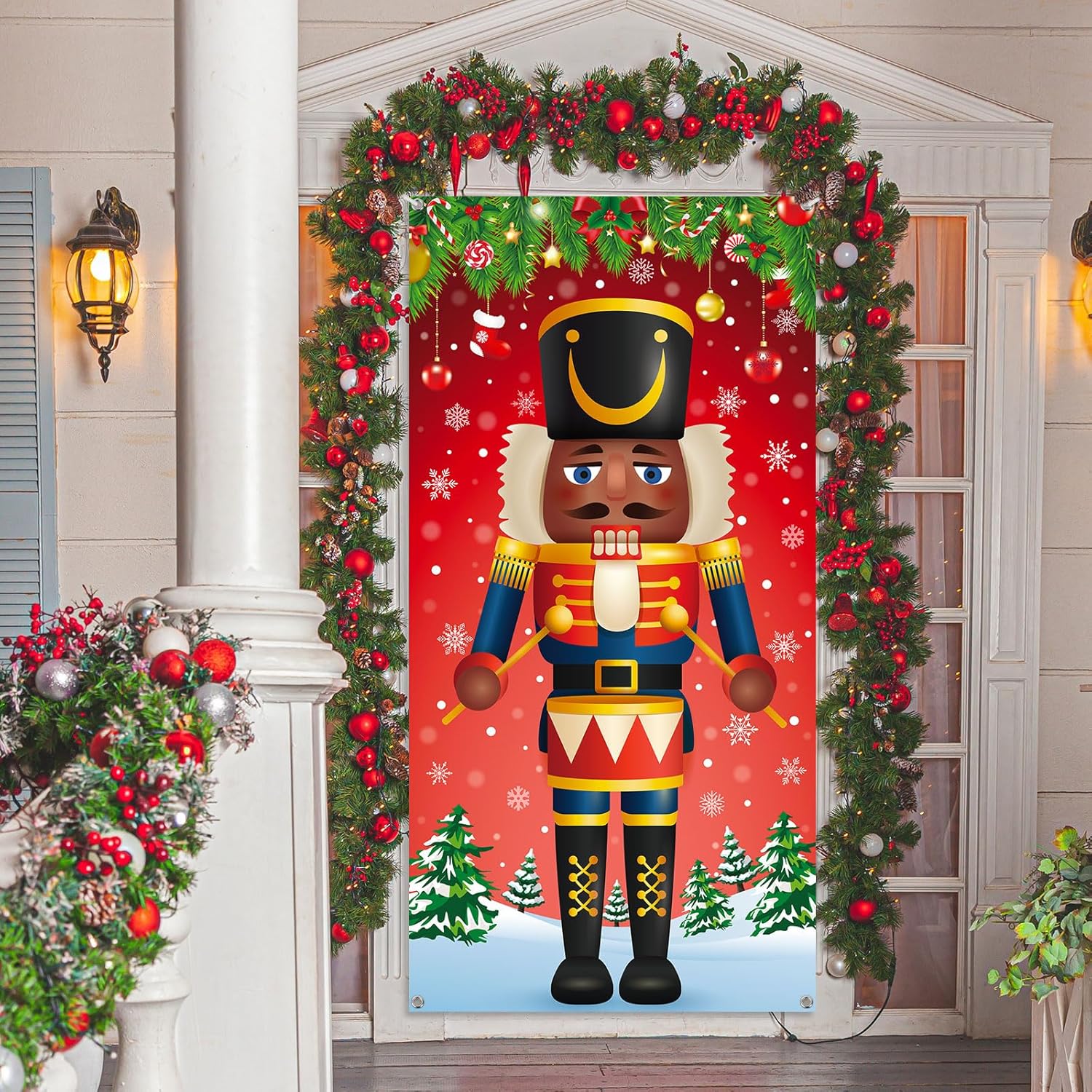 Christmas Nutcracker Door Cover - Merry Holiday Hanging Decor For Indoor Outdoor Front Door - Xmas Wrap Supplies 71 X 35 Inch (Black)
