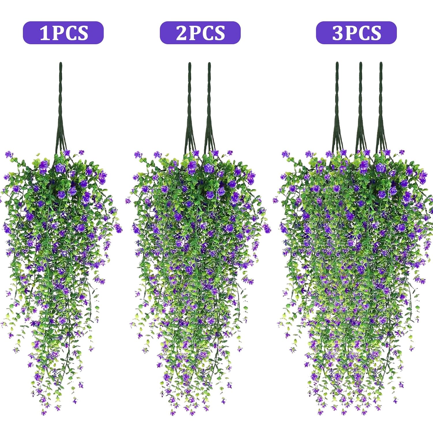 Artificial Hanging Flowers, 3 Pcs Fake Hanging Plants Artificial Vines For Outdoors, Fake Ivy Vine Uv Resistant No Fade Faux Plants For Indoor Outside Garden Patio Yard Greenery Decoration (Purple)