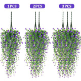 Artificial Hanging Flowers, 3 Pcs Fake Hanging Plants Artificial Vines For Outdoors, Fake Ivy Vine Uv Resistant No Fade Faux Plants For Indoor Outside Garden Patio Yard Greenery Decoration (Purple)