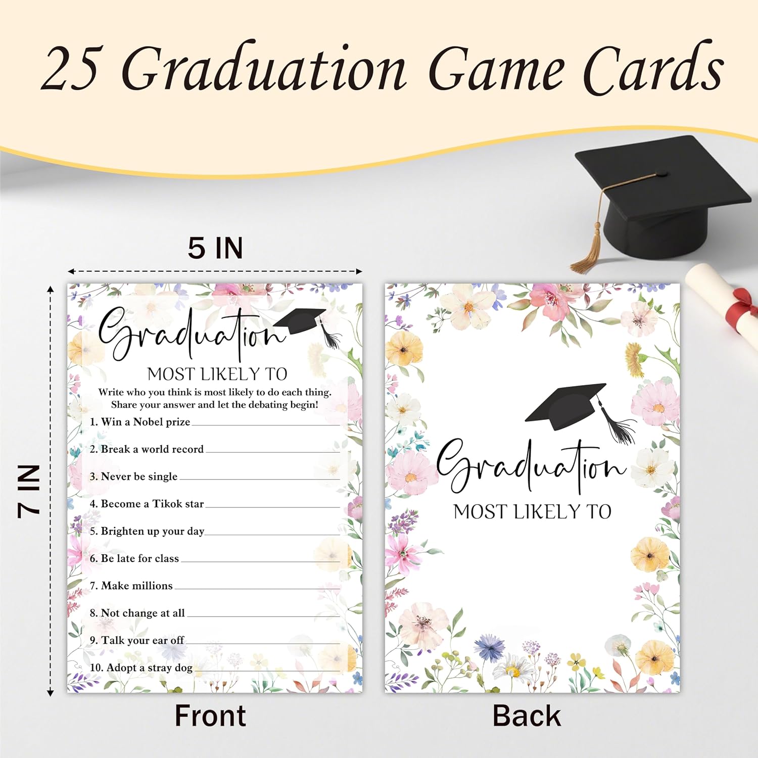 Graduation Games Cards 25Pcs, Wildflowers Grad Party Game Cards, Grad Celebration, Graduation Party Games Ideas Activities Supplies, High School College Graduation Party Decorations -A07