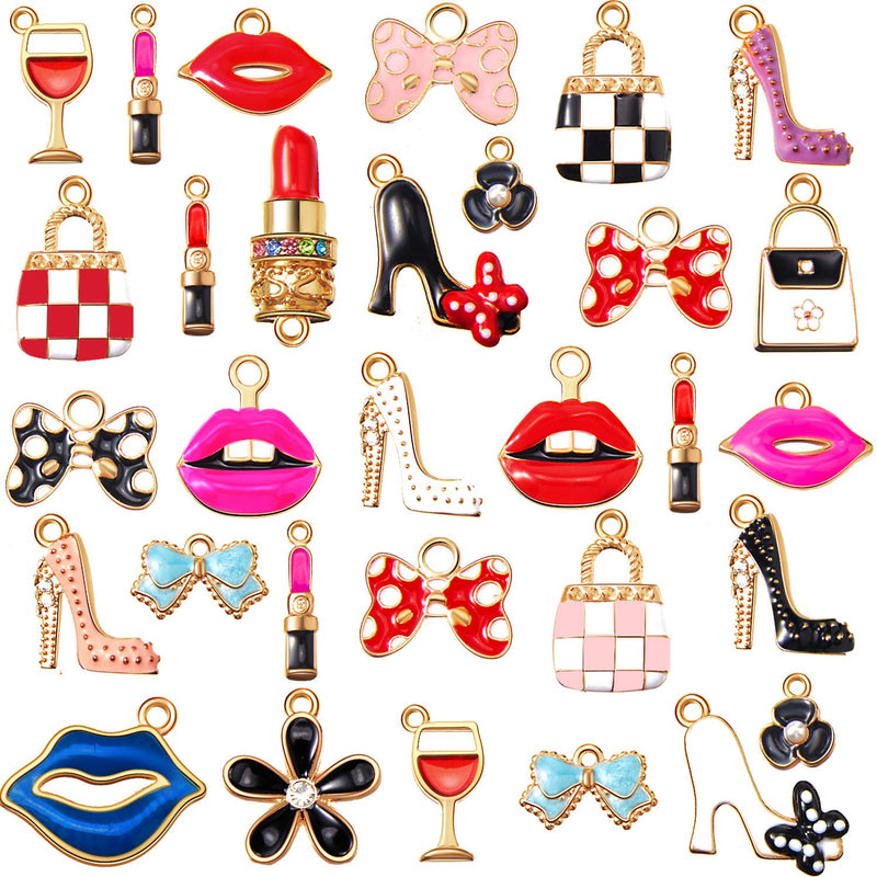 50 Pieces Women'S Makeup Lip Lipstick Charms Gold Plated Enamel High Heels Wal