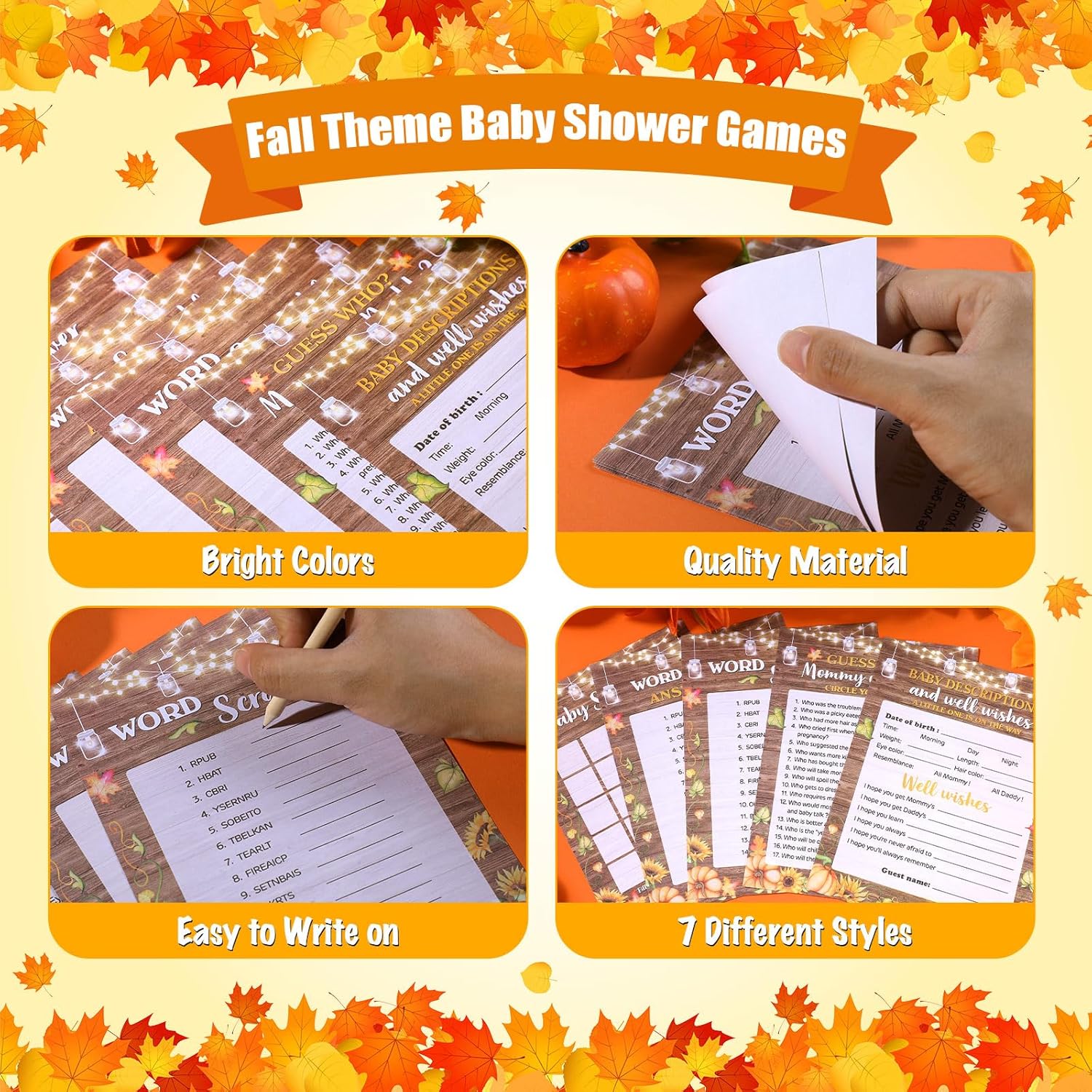 142 Pcs Thanksgiving Baby Shower Games Set - 130 Fall Baby Shower Game Activity Cards With 12 Pencils For Thanksgiving Pumpkin Autumn Party Favors - Rustic Gender Reveal Party Neutral