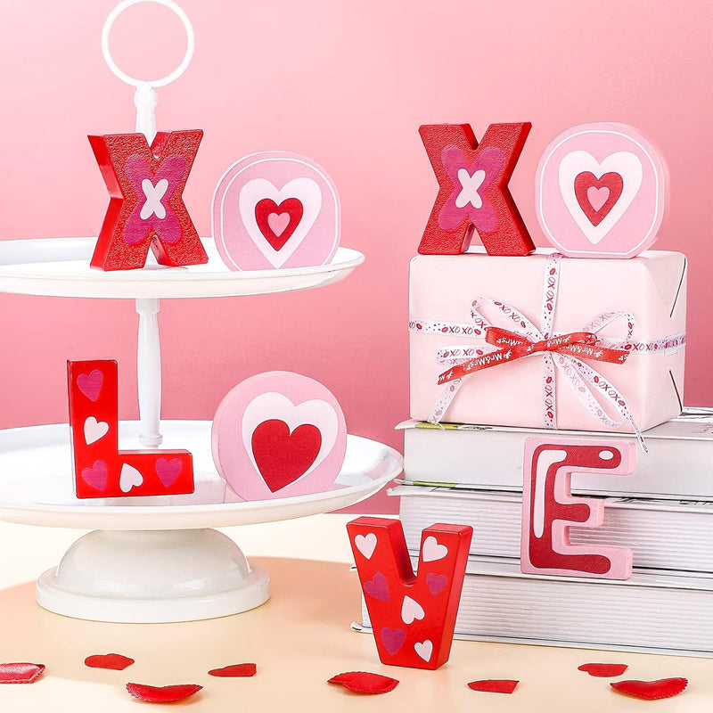 8 Pieces Valentine'S Day Tiered Tray Decor Wooden Xoxo Love Romantic W