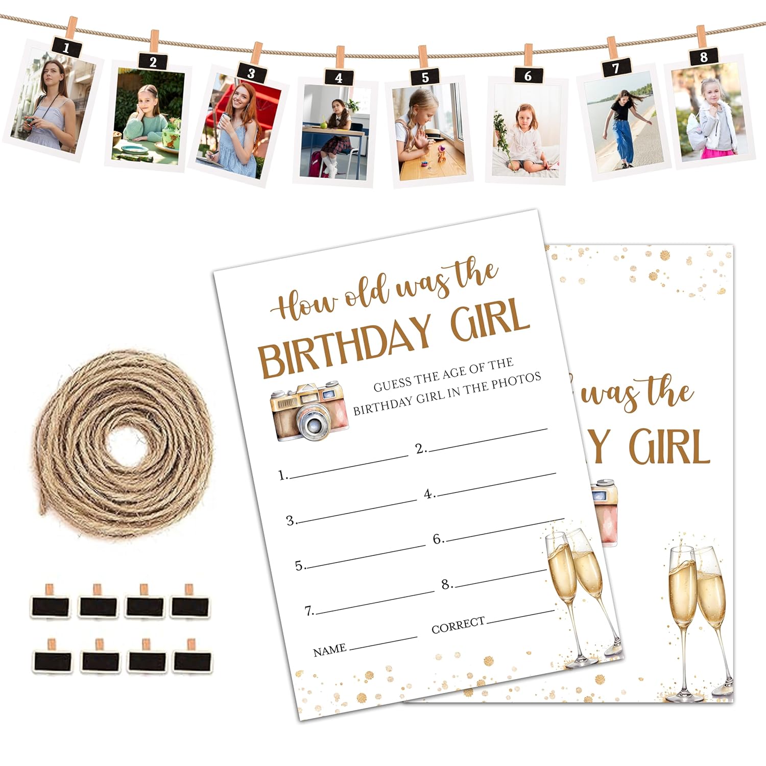 Birthday Party Games, Gold Champagne Birthday Photo Games Card, Birthday Sleepover Party Ideas Supplies, How Old Was The Birthday Girl Game Cards, 30 Pack -03