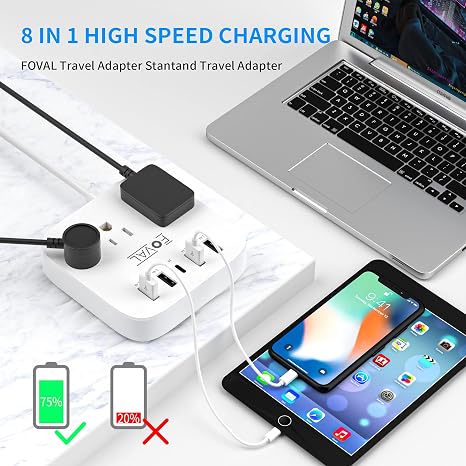 European Travel Power Strip 3 AC Outlets 5 USB Ports 5FT Cord Wall Mount