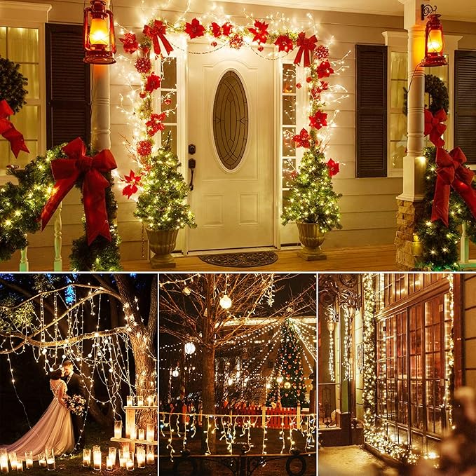 10FT 200 LED Plug In Fairy Lights Warm White Cluster String Lights with Remote Timer 8 Modes Gold Wire for Bedroom Wedding Christmas Decor