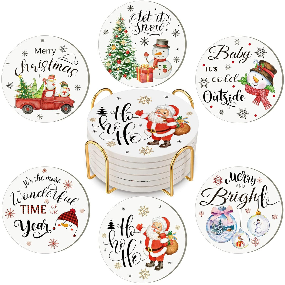 6 Pcs Valentine‘S Day Coasters Funny Bar Ceramic Drink Coasters Round Absorbent Coasters With Holder For Drinks Tabletop Protection Housewarming Birthday Mugs Cups Coffee Bar(Christmas)
