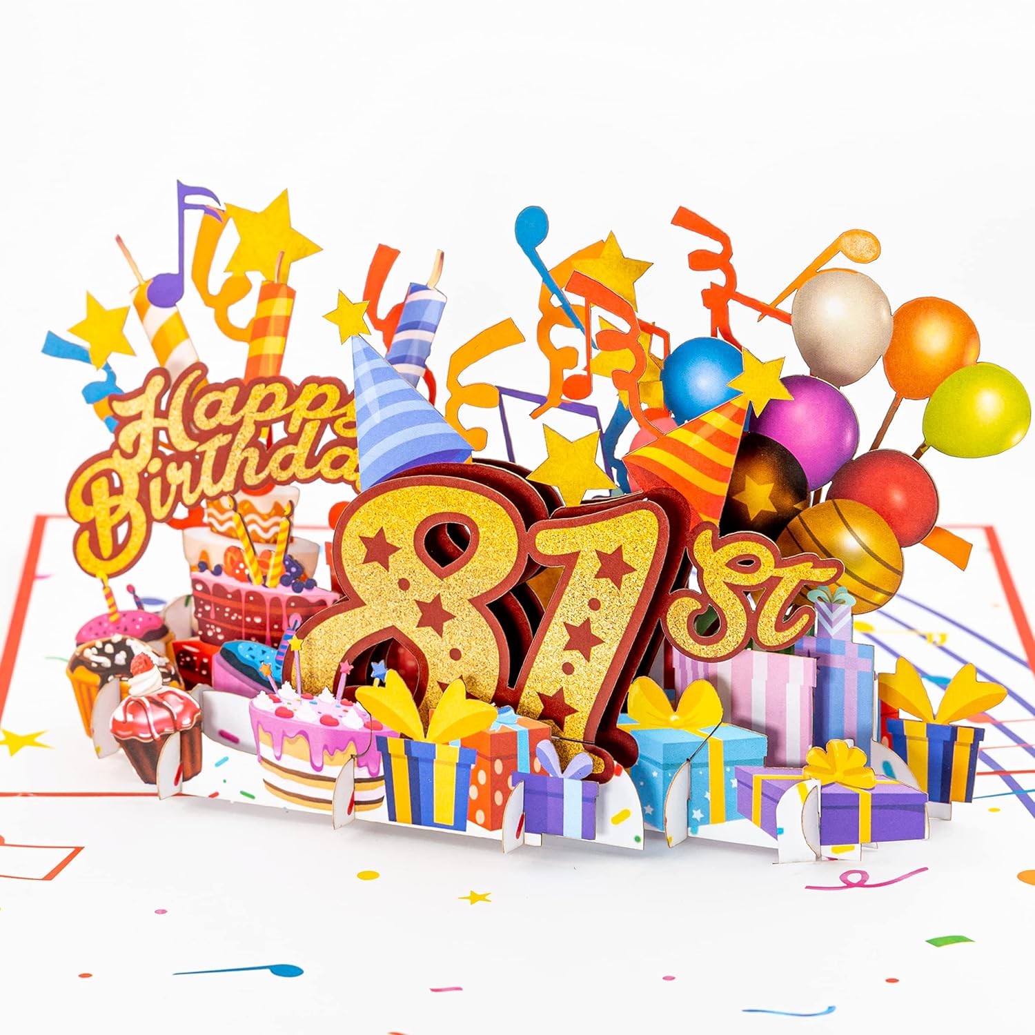 3D Pop Up Happy 81St Birthday Card – Red Design With Glitter Numbers, Balloons, Cakes & Gifts – Fun Milestone Card For Mom, Dad, Husband, Wife, Man Or Woman – 5" X 7"