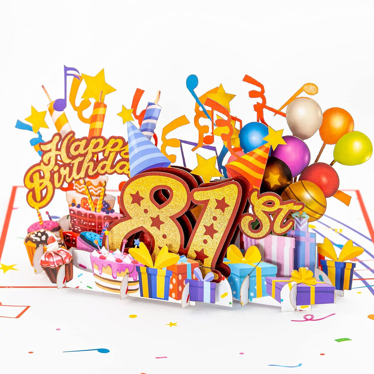3D Pop Up Happy 81St Birthday Card – Red Design With Glitter Numbers, Balloons, Cakes & Gifts – Fun Milestone Card For Mom, Dad, Husband, Wife, Man Or Woman – 5" X 7"