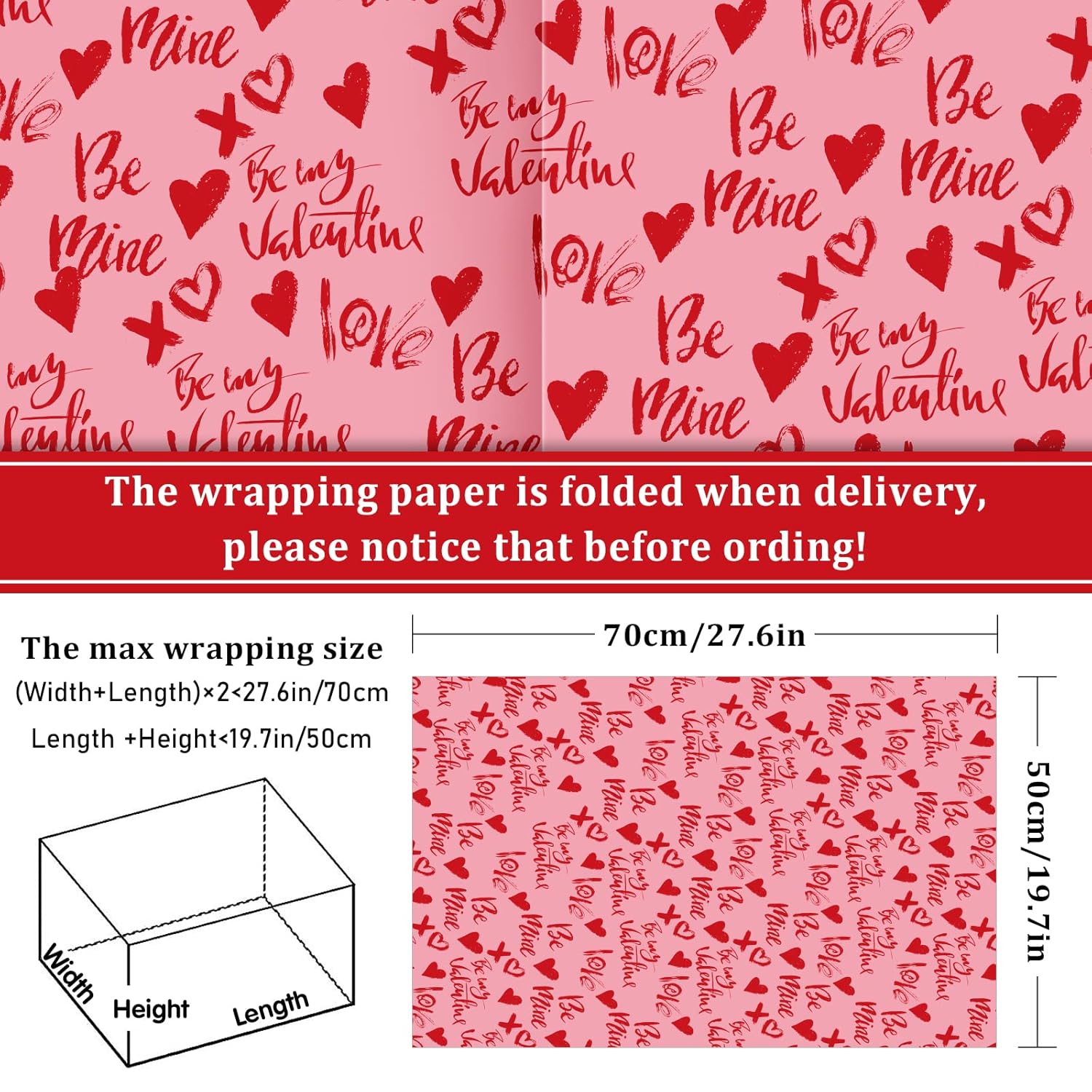 12 Sheet Valentine'S Day Wrapping Paper Heart Love Be Mine Printed Wrapping Paper 27.6 X 19.7 Inch Pink Red Valentines Craft Packing Paper For Wedding Anniversary Baby Shower Birthday