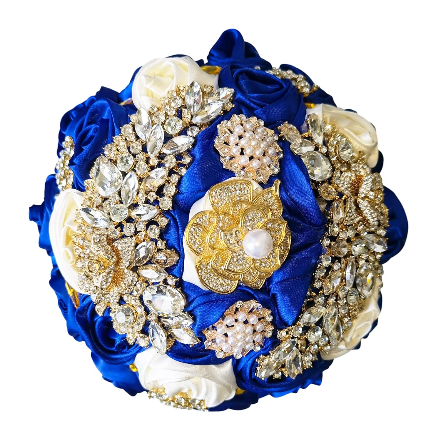 7 Inch Wedding Bouquet Satin Rose Bridal Holding Bridesmaid Gold Pearl Brooch Artificial Flower Bouquet For Indoor Church Wedding, Bridal Shower, Toss Bouquet, Quinceanera (Royal Blue Ivory)