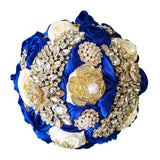 7 Inch Wedding Bouquet Satin Rose Bridal Holding Bridesmaid Gold Pearl Brooch Artificial Flower Bouquet For Indoor Church Wedding, Bridal Shower, Toss Bouquet, Quinceanera (Royal Blue Ivory)
