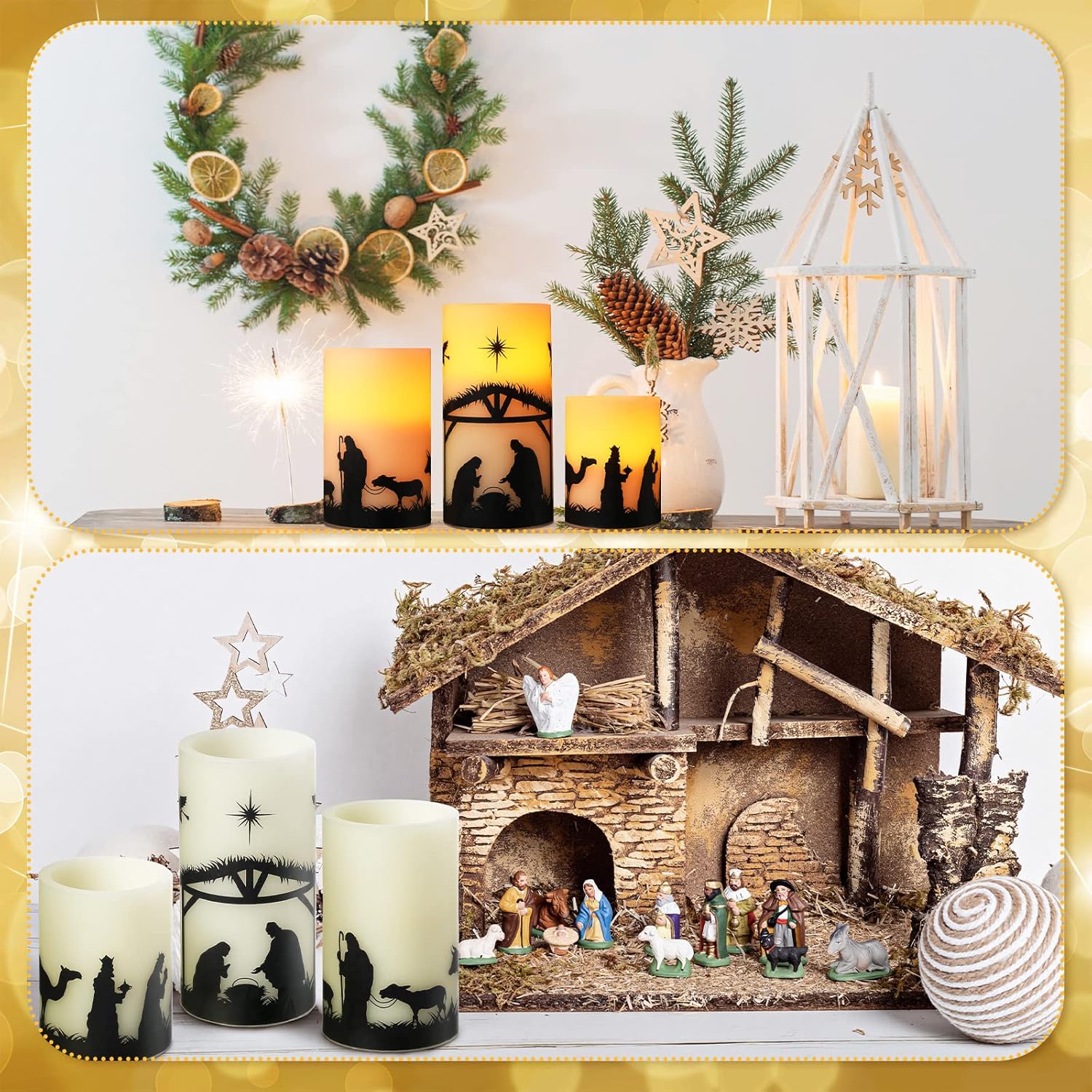 3 Set Nativity Scene Christmas Flameless Led Candles - Battery Operated Pillar Religion Candle For Holiday Table, Fireplace, Windowsill Indoor Decor