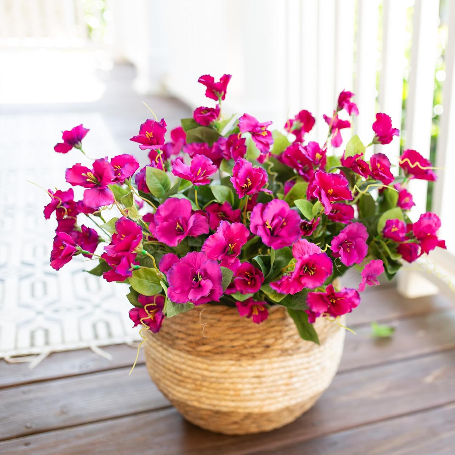Fake Hibiscus Artificial Flowers For Outdoors Spring Summer Decoration, 6 Bundles Silk Hibiscus Flowers Bouquet Uv Resistant Look Real Faux Plants For Outside Planter Front Door Porch Balcony, Fuchsia
