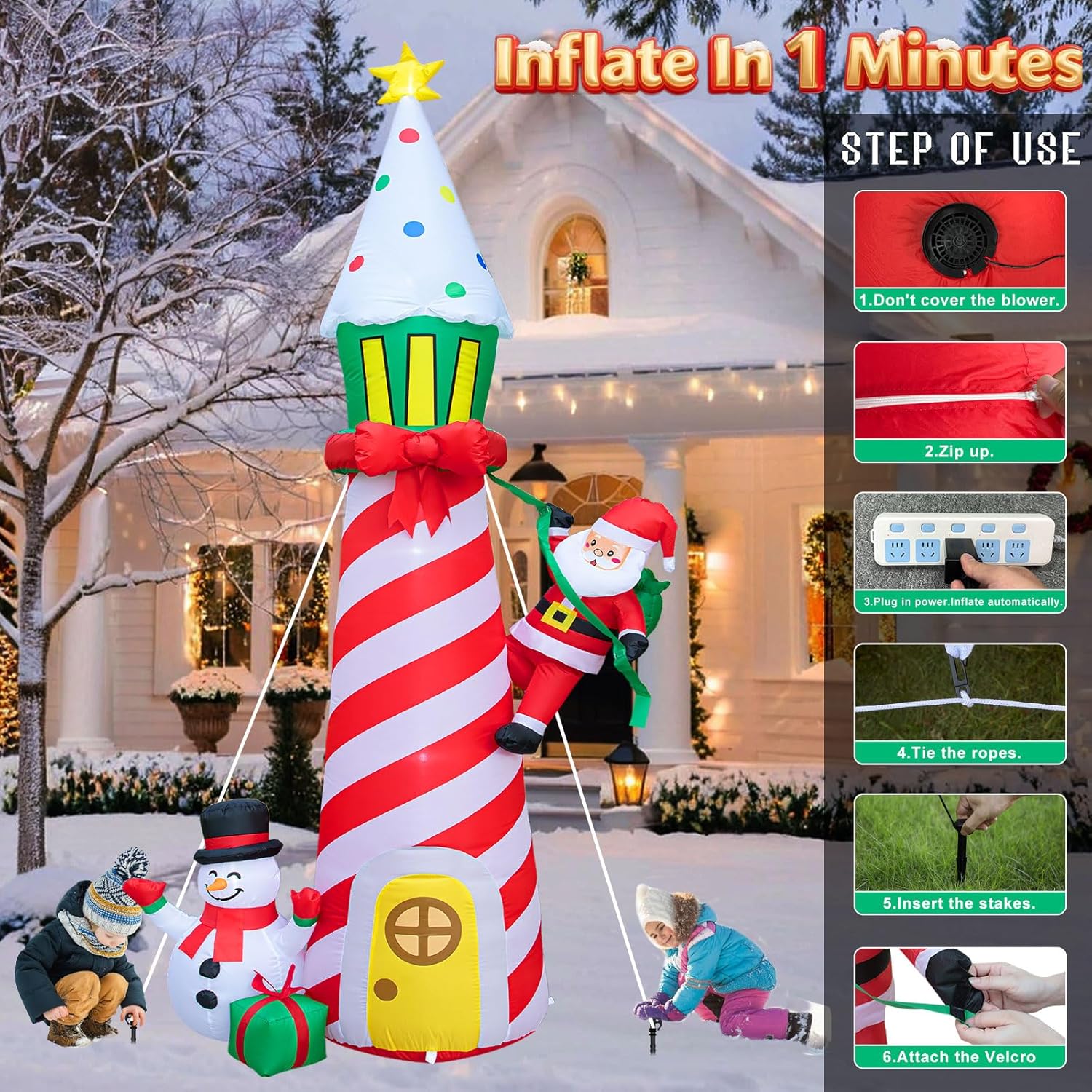 9Ft Christmas Inflatable Outdoor Decoration Inflatable Lighthouse Blow Up Santa Claus And Snowman Decor With Lights For