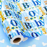 Boy Baby Shower Wrapping Paper - 17 Inch X 33 Feet - Reversible Cute Blue Baby Boy Animal Heart Theme Newborn Gift Wrap Paper For 1St Birthday, Baby Shower, Children'S Christening, New Mommy