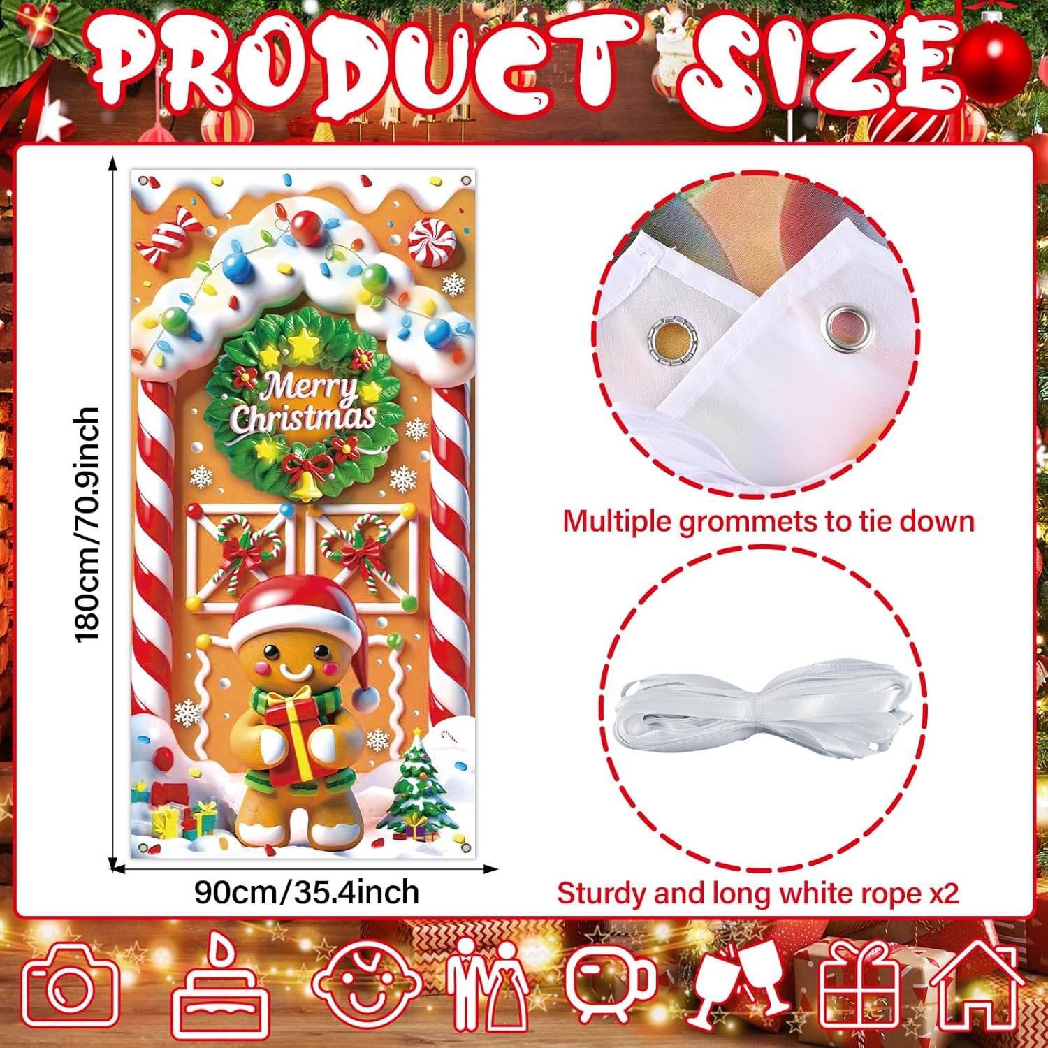 Christmas Gingerbread House Door Cover Decorations Gingerbread House Hanging Banner Candy Cane Wreath Door Banner For Xmas Holiday Candyland Party Backdrop Front Doors Decor 71X35 Inch