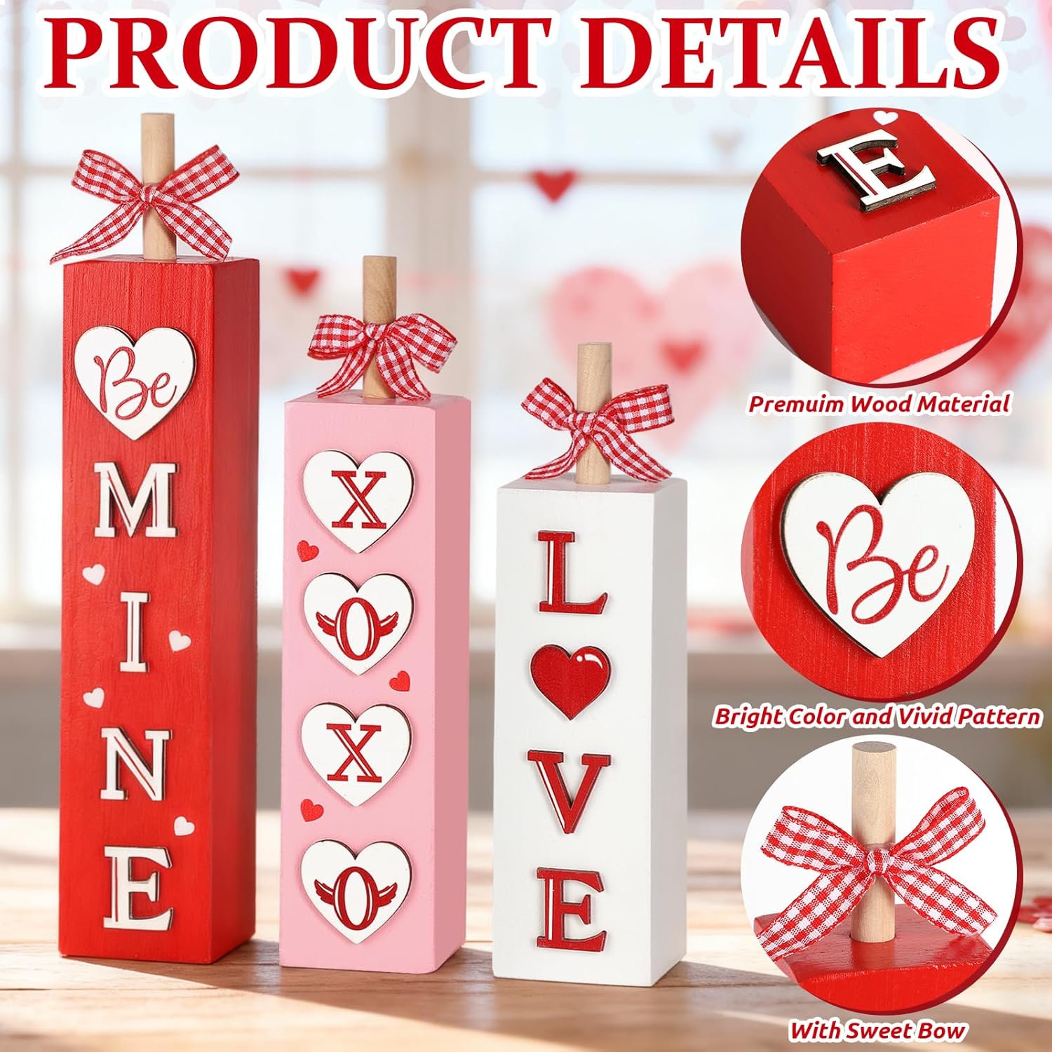 3Pcs Valentine'S Day Table Decorations For Home Indoor Wooden Valentine Table Centerpiece Block Sign Wood Love Tiered Tray Tabletop Decor For Office Desk Shelf Wedding Anniversary Party Supplies Heart