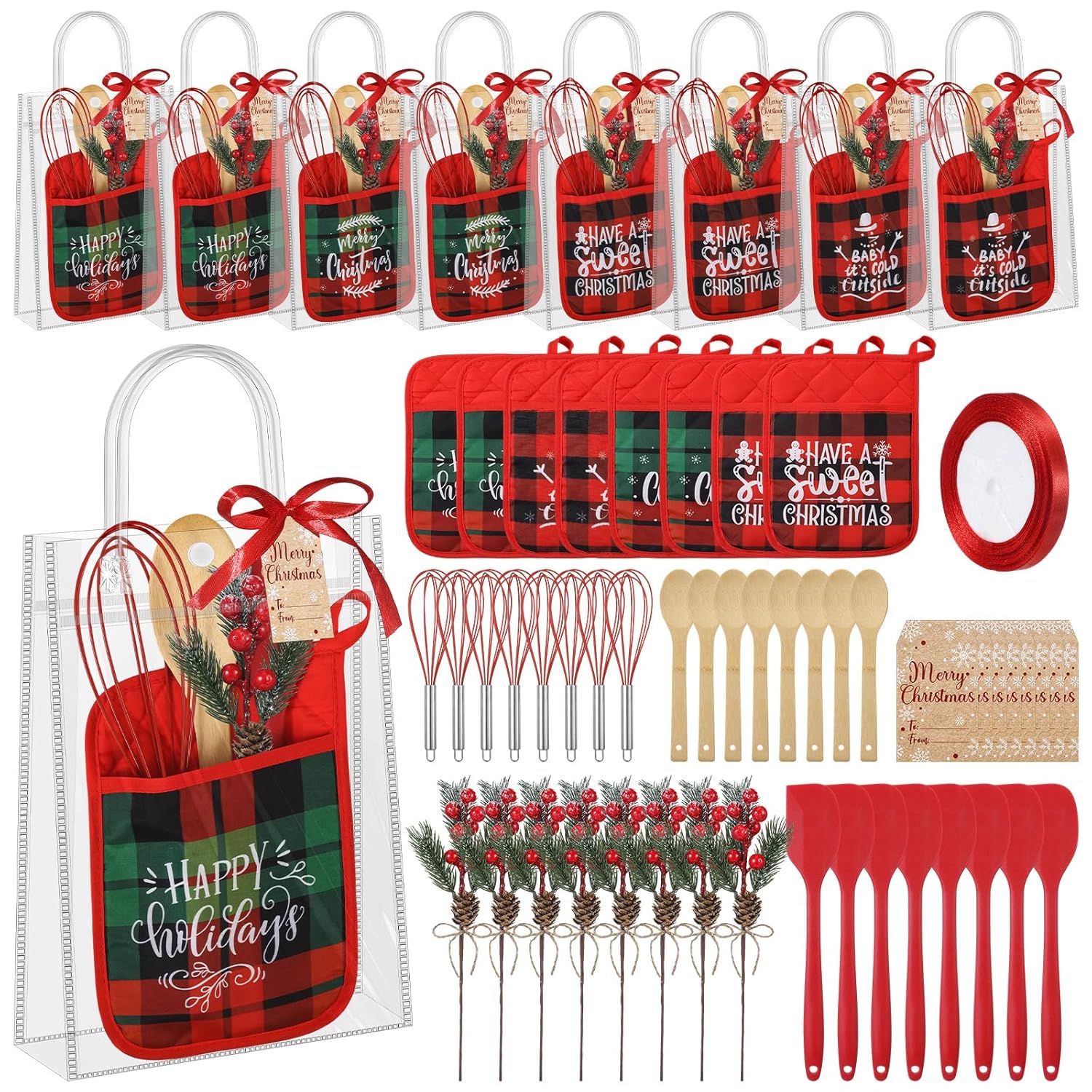 58 Pcs Christmas Kitchen Gift Set Merry Christmas Pot Holders Xmas Supplies With Spatula Whisk Card Cooking Baking Gift For Xmas Party Decor Friends Family Baking Lover Presents (Plaid)