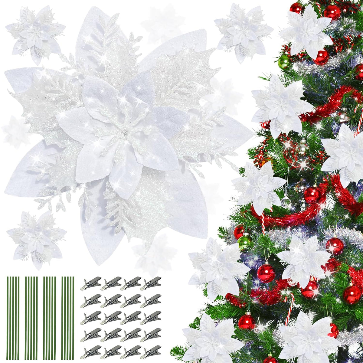 Christmas Flowers, 20Pcs Christmas Tree Flowers White Glitter Poinsettia Flowers Christmas Decorations Flower With Clips Stems For Xmas Ornaments Wreath Holiday Home Decor