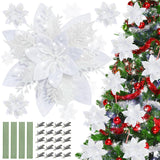 Christmas Flowers, 20Pcs Christmas Tree Flowers White Glitter Poinsettia Flowers Christmas Decorations Flower With Clips Stems For Xmas Ornaments Wreath Holiday Home Decor