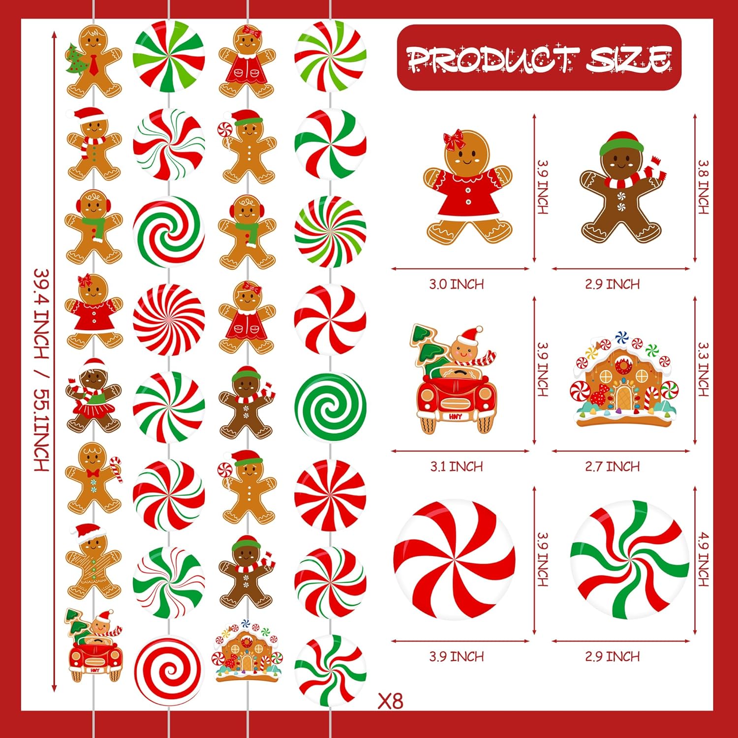 Gingerbread Man Hanging Garlands 8Pcs Christmas Party Supplies Christmas Candy Cane Peppermint Hanging Paper Garlands Gingerbread House Banner For Boys Girls Xmas Santa Claus Holiday Decor