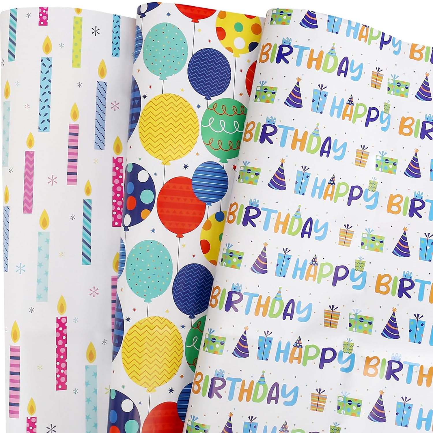 Birthday Wrapping Paper For Boys Girls Kids Men Women Holiday Party - 3 Large Sheets Colorful Balloon 'Happy Birthday' Candles Gift Wrap - 27 Inch X 39.4 Inch Per Sheet
