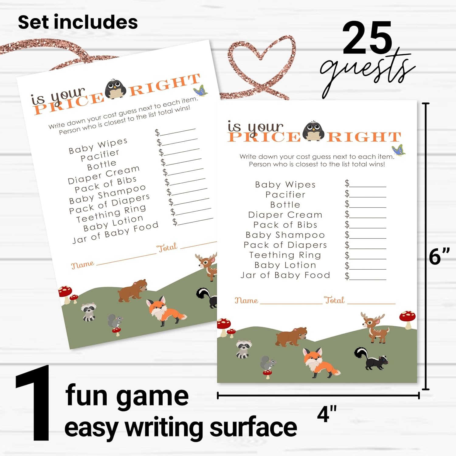 Woodland Guess The Price Baby Shower Games - 25 Cards - Rustic Boho Themed Ideas - Gender Neutral Baby Shower Activities Boys Or Girls - 4X6 Set