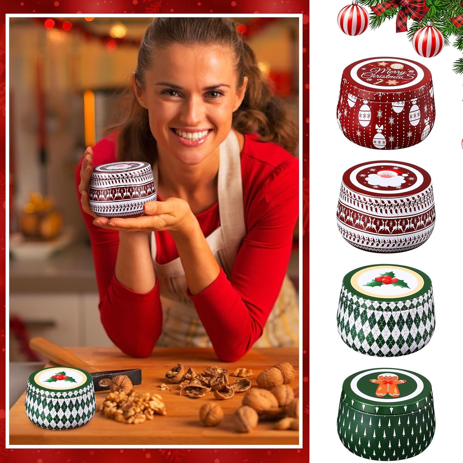 48 Pcs Christmas Candle Tins Cookie Metal Candles Tin Gifts Jars With Lids 8 Oz Candy Tinplate Retro Tins Round Containers For Candle Holiday Gift Giving Treat Biscuits Party Favors