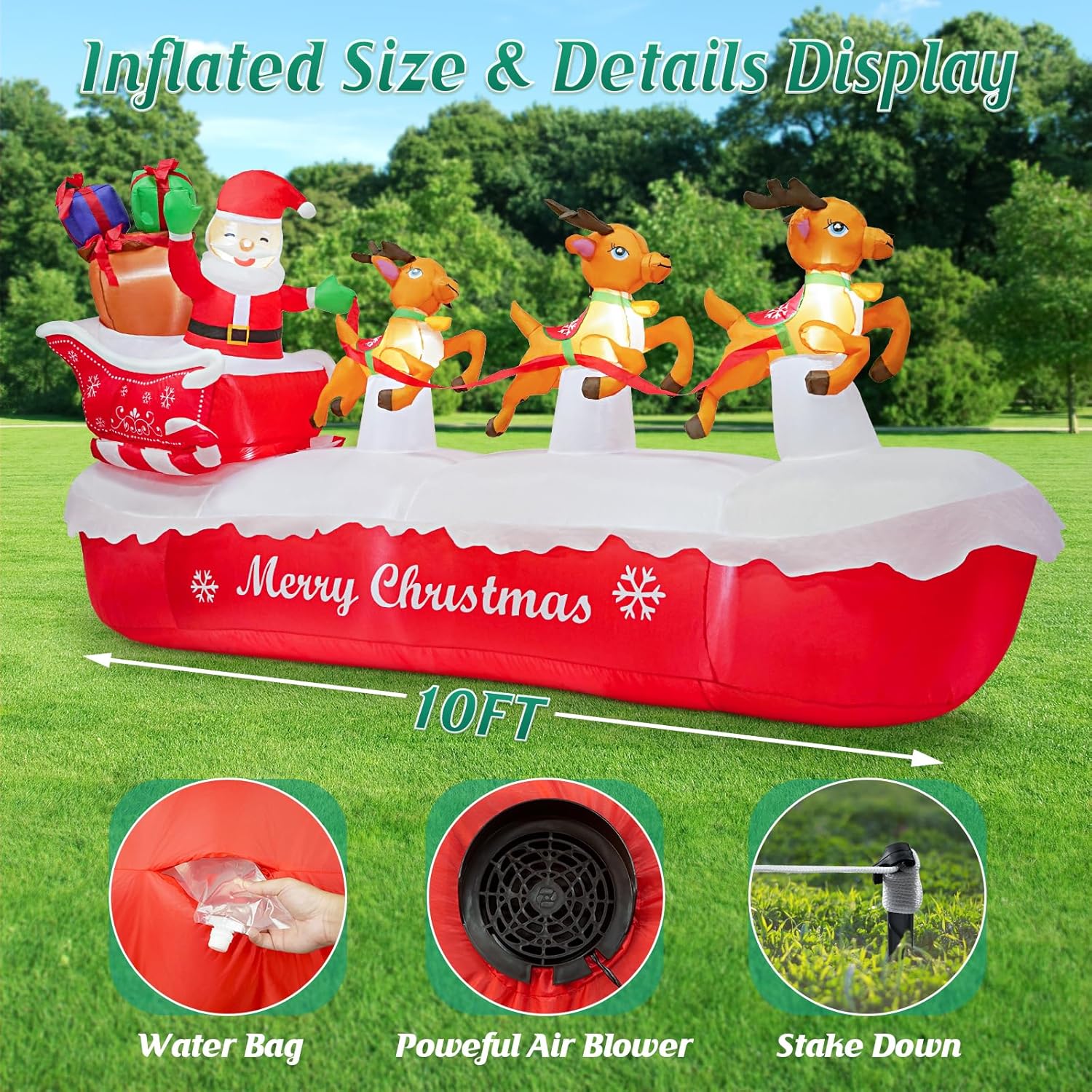 10 Ft Christmas Inflatables Outdoor Decorations Santa Claus On Sleigh, Blow Up Cute Elks Pulling Santa'S Inflatable Yard