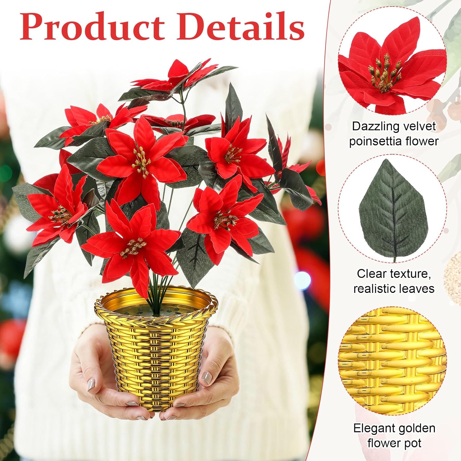 4 Sets 15.7" Christmas Poinsettia Artificial Flowers Potted With Gold Pot Bags 12 Heads Red Artificial Poinsettia Plant Desktop Decorations For Christmas Xmas Kitchen Home Table Centerpiece