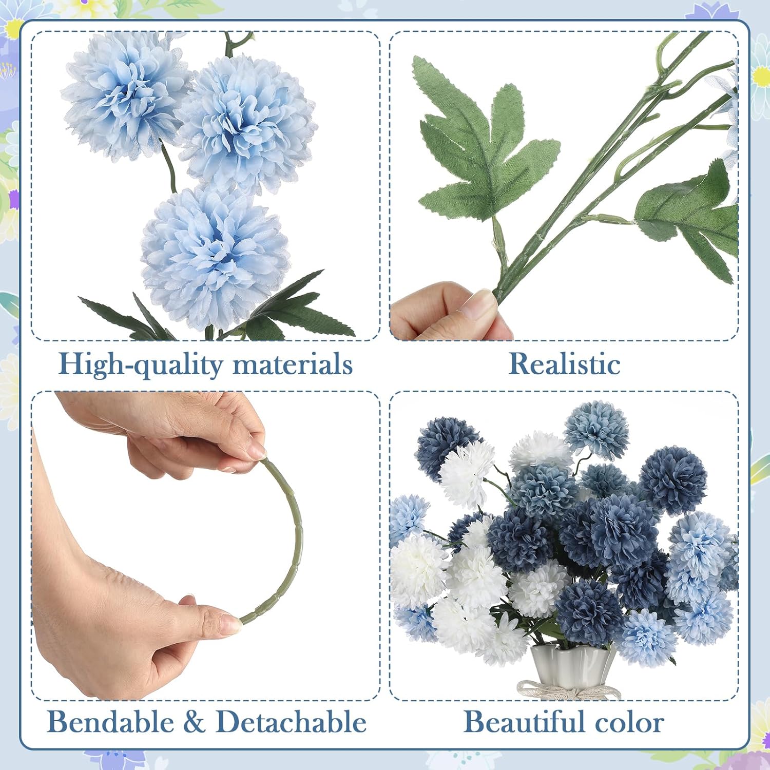 8Pcs 21In Navy Blue Artificial Chrysanthemum Silk Mum Flowers With 5 Heads Ball Faux Kiku Flower Pompom Floral For Spring Summer Table Centerpieces Home Indoor Decoration(White And Navy Blue)